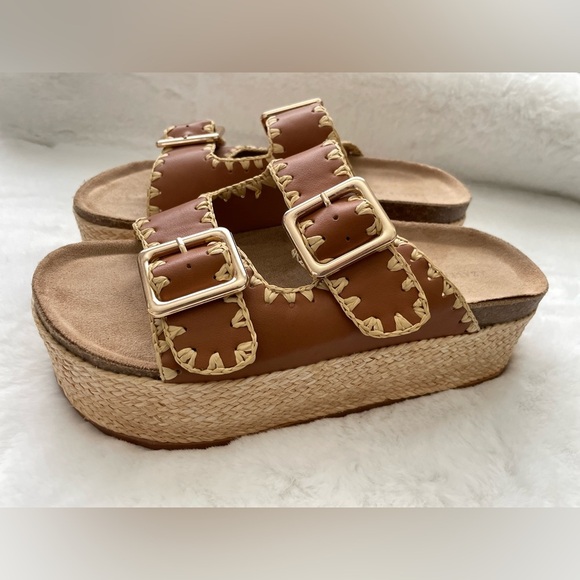 Azalea Wang Womens 8.5 Calluna Embellished Double Banded Sandals Beige Platform - Picture 2 of 9